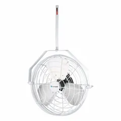 This CANARM industrial fan is designed for ceiling mounting in warehouses, workshops, and factories to provide spot cooling or general air circulation. It features an 18-inch blade diameter, a 1/8 hp motor operating at 120V AC, and variable speed control for adjustable airflow. The non-oscillating design directs air in a fixed pattern.