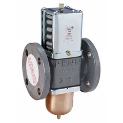 Two-way pressure-actuated water regulating valve with cast iron body. Designed for R-404A refrigerant systems. Maximum flow 250 gpm, operating pressure range 160 to 260 psi. Modulates water flow to maintain stable condensing pressure in refrigeration applications.