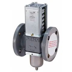 Two-way pressure-actuated water regulating valve with cast iron body. Designed for R-410A refrigerant systems, it modulates water flow based on refrigerant pressure to maintain stable condensing pressure. Maximum flow capacity 118 gpm, operating pressure range 200 psi to 400 psi.