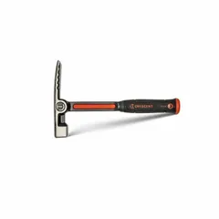 This bricklayer's hammer features a steel handle with a perpendicular head orientation. It has a 1-3/4 in blade length and a 3/4 in face diameter, constructed from alloy steel. Used for cutting, shaping, and setting bricks and masonry units.