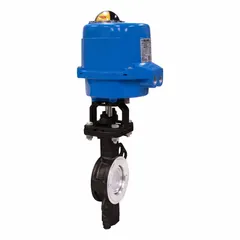 This BONOMI electric butterfly valve features a carbon steel body and a stainless steel disc, with a wafer-style connection and RPTFE seat. It operates on 24V AC/DC power and includes a manual input control signal. Suitable for on-off or modulating flow control in industrial piping systems handling water, wastewater, chemicals, or HVAC fluids.
