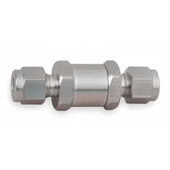 This Parker poppet check valve features a stainless steel inline valve body with compression fittings. It is used to prevent backflow in fluid and gas media systems, providing unidirectional flow control in instrumentation piping.