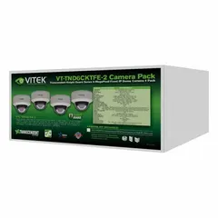 Fixed dome camera kit for outdoor video surveillance. Delivers 1920 x 1080 pixel resolution. Camera length 4 5/8 in, width 4 3/4 in. Part of an IP network system for monitoring perimeters, parking lots, and building exteriors.
