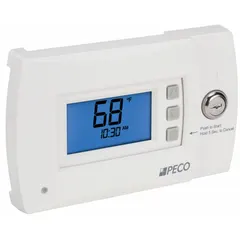 Rectangular low voltage thermostat with push-button control, designed for heat and cool applications in commercial or institutional buildings. Supports 3H/2C conventional or 4H/2C heat pump systems with automatic and manual changeover. Features 7-day programming (5-1-1, 5-2, or 7 day) and a temperature control range of 50° to 90°F. Includes Y2 terminal designation.