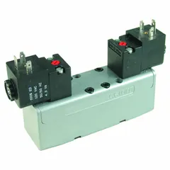 This AVENTICS CERAM directional control valve is a double solenoid, five-way, three-position pneumatic valve with a 30 mm width. It features internal pilot, detent, non-locking manual override, and exhaust function, operating on 110V AC. Suitable for precise directional control of pneumatic actuators in industrial automation systems.
