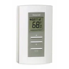 Digital proportional thermostat for heat and cool applications with push-button control. Operates on 24V AC with 0–10V DC output signal. Features automatic and manual changeover, system settings of Heat-Cool-Off, and temperature control range of 50° to 95°F. Vertical-mount rectangular unit with terminal designations T2/COM.