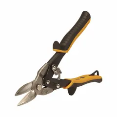 Left-cutting aviation snip with a 9-3/4 in overall length and 1-1/2 in cutting length. Features a steel blade, TPR grip, and steel construction. Designed for cutting galvanized steel up to 18 ga, commonly used in HVAC ductwork, metal fabrication, and automotive repair for straight or left-curved cuts in sheet metal.