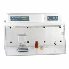 Fully assembled enclosure for weighing and handling bulk powders and equipment. Includes blower, base/stand, and work surface. Overall dimensions: 48 in wide, 30 in high, 24 in deep. Used to contain airborne particulates during laboratory operations.