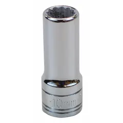 This 3/8" drive hand socket features a 10 mm metric size with a 12-point, deep design for enhanced grip on hex fasteners. The chrome finish provides corrosion resistance. Commonly used in automotive repair, machinery maintenance, and industrial assembly with a 3/8" drive ratchet.