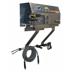 This cold water pressure washer delivers 3000 psi at 3.9 gpm, powered by a 230 V single-phase electric motor rated at 8 hp. It features a direct pump drive and a hot water intake for connection to a pre-heated water source. The wall-mount design saves floor space. Suitable for cleaning equipment, machinery, and surfaces in industrial settings.