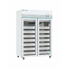 This upright blood bank refrigerator provides 49 cu ft of storage capacity with a temperature range of 1°C to 10°C. It features a white swing glass door that opens left or right, uses R-600a refrigerant, and includes a temperature alarm. Suitable for storing blood products and other temperature-sensitive medical supplies in clinical environments.