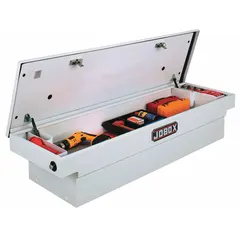 This single-lid crossover box is constructed from steel with a white finish. It has an overall width of 61 inches and is designed to mount across a pickup truck bed for secure, weather-resistant storage of tools and equipment.