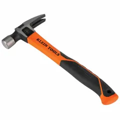 Steel straight-claw hammer with a 20 oz head and 13 in overall length. Features a textured grip and fiberglass handle for comfort and control. Suitable for driving and pulling nails in electrical and general construction applications.