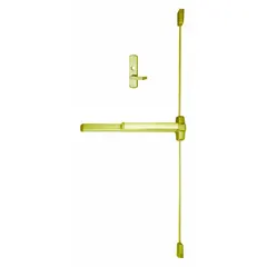 This surface-mounted vertical rod push bar is constructed of brass and features a touchbar with lever trim. It is designed for right-hand reverse doors up to 3 ft wide. Typical applications include commercial and institutional buildings where reliable egress actuation is required.