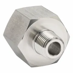 High pressure precision pipe fitting with 1/2 in x 1/4 in configuration. Features Female BSPP threaded x Male BSPT threaded connections. Rated for 2,176 psi. Used in hydraulic and pneumatic systems for connecting and directing fluid or gas lines under pressure.
