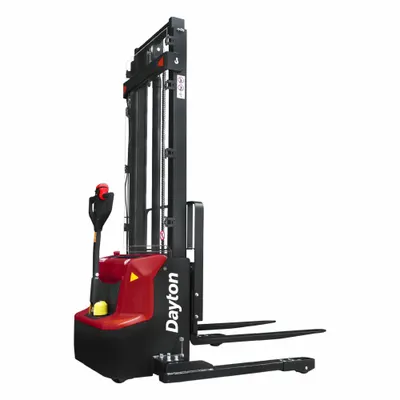 Dayton Stacker: 2,600 lb, 142 in Max Lifting Ht, Adj Fork, 42 in L x 3 15/16 in W Fork - Electric Straddle Stackers