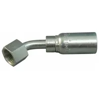 Carbon steel 45° elbow hydraulic crimp fitting with ORS (O-Ring Seal) connection on one end and hose end on the other. Female x male gender configuration with 11/16"-16 thread size, designed for -6 hose dash size. Used in hydraulic systems to connect ORS ports to hose ends, providing a leak-resistant seal in fluid power lines