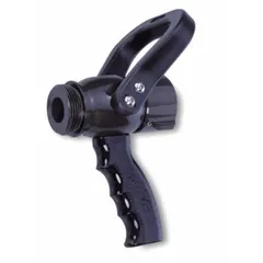Solid stream fire hose nozzle with ball shutoff design for single gallonage flow. Rigid NST base, aluminum body, and twist activation. Used in firefighting and industrial water delivery systems.