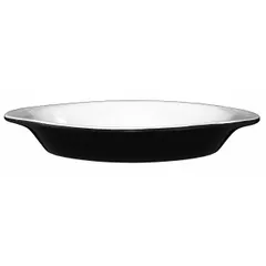 Vitrified stoneware dish in European White/Black. Overall dimensions: 8 1/2 in length, 4 1/8 in width, 1 1/4 in depth. Suitable for baking and serving individual portions of rarebit, au gratin, and other oven-to-table dishes.