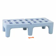 Assembled polymer dunnage rack in blue with natural finish. Measures 12 x 22 x 48 inches, supports 1500 lb load. Includes modular connector, Bow-Tie compatible, with antimicrobial resistance. Suitable for organizing and protecting parts in industrial storage and material handling applications.