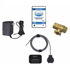 This brass detection and alarm shutoff system operates on 120V AC and includes a 3/4 in full port lead-free shut-off valve with NPT connections. An integrated audio alarm alerts when a leak is detected. Certified to NSF 372 for lead-free compliance. Used to automatically shut off water supply upon leak detection in water heater installations.