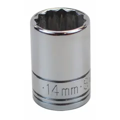 This 3/8" drive hand socket features a 14 mm, 12-point configuration with standard depth and a chrome finish. Suitable for tightening or loosening metric fasteners in automotive, machinery, and industrial applications.