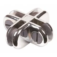 Plastic 4-way connector for joining compartmented glass shelving at intersections. Includes tightening screws. Overall dimensions: 2 in height, 1/2 in width, 2 in depth. Used in retail displays, storage bins, and shelving systems requiring right-angle glass panel connections.