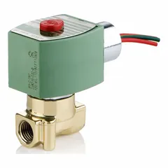 2-way, 2-position normally closed solenoid valve with high flow capacity. Pipe size 1/8 in, voltage 120V AC (also compatible with 110V AC at 50/60 Hz). Coil enclosure without junction box. Suitable for on/off control of air, water, or light oil in compact piping systems.