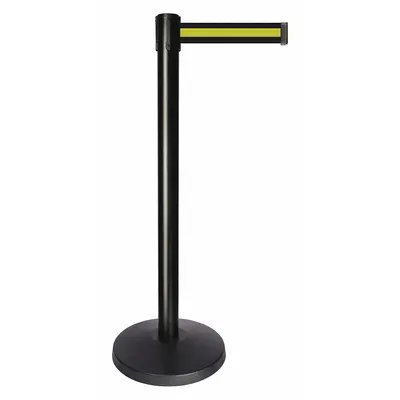 QUEUEWAY Barrier Post with Belt: Yellow, Horizontal Stripe, No Legend, 10 ft Belt Lg - Pattern Retractable Belt Post Barriers