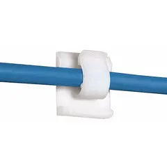 Adhesive mount cable clip for securing and routing cable bundles up to 0.62 in diameter. Made of natural Nylon 6/6 with a rubber adhesive backing for quick mounting on clean surfaces. Dimensions: 1.24 in length, 1.12 in width. Pack of 100.