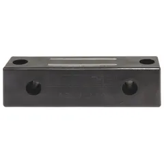 Encased rectangular ceramic magnet measuring 4 1/2 in long, 1 in wide, and 1.25 in thick. Features a 2-pole magnet style with a maximum pull force of 22.5 lbf. Used for holding, lifting, and positioning ferrous parts in industrial workholding, assembly, and material handling applications.