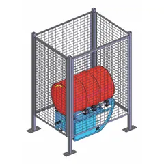 This steel safety enclosure with gray baked enamel finish is designed to contain a single drum roller mixer during operation. The 3 ft door opening provides access for drum loading and unloading. Typical applications include industrial mixing processes where containment of drum rotation is required.