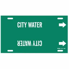 Green strap-on pipe marker with white 'City Water' legend and directional arrows. Fits pipe outer diameters from 8 to 9-7/8 inches. Used to identify municipal water supply lines in piping systems.