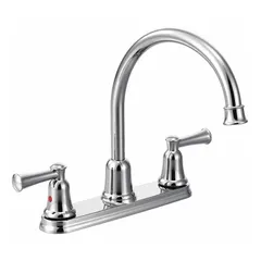 This centerset kitchen faucet from the Capstone series is constructed of brass and features a widespread deck-mount design requiring three mounting holes. With a flow rate of 1.5 gpm, it is suited for residential and light-commercial kitchen tasks such as washing, rinsing, and food preparation.