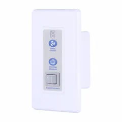 This fan speed control features a toggle and touch button switch design for regulating ventilation fan speed. It operates on 120V AC and supports up to 3 speed settings. The unit is reversible and comes with a white plate. Suitable for use in HVAC systems to control fan speed in commercial or industrial ventilation applications.