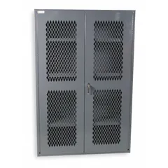 This industrial ventilated shelf cabinet from DURHAM MFG measures 36 x 18 x 60 inches and features a gray frame base with ventilated body panels. It includes three adjustable shelves and a swing handle with keyed lock for secure storage. The cabinet is fully assembled and suitable for organizing tools, parts, and equipment in workshops, warehouses, and manufacturing facilities.