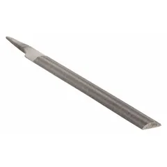 Half-round file with a double-cut side for rapid material removal and a single-cut side for finer finishing. Single edge cut, bastard cut, 6 in length without tang. Used for deburring, shaping, and smoothing metal surfaces in tool and die work, maintenance, and fabrication.