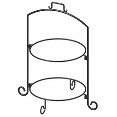 This black iron plate stand features two tiers for displaying plates in a buffet or catering setting. It measures 25 inches high, 20 1/2 inches long, and 19 inches wide. Suitable for organizing plates in food service environments.