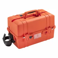 This lightweight suitcase-style case is constructed from plastic and weighs 13.3 lb. It features press and pull latches for secure closure. The orange color aids visibility in work environments. Suitable for transporting and storing tools, instruments, or electronics that require protection during transit or stationary use