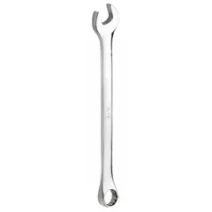 This SAE 12-point combination wrench is constructed from alloy steel with a chrome finish. It features a 3/4 in head size and a 9 1/4 in overall length. The 12-point design provides secure engagement on hex fasteners, suitable for tightening and loosening bolts in automotive and mechanical applications.