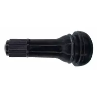 Snap-in tire valve stem with straight shape and 180° angle. Constructed of black rubber with standard bore valve size and 0.305-32 thread. Meets TR413 standards. Suitable for use in golf cart tires