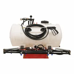 This FIMCO tailgate sprayer is designed for mounting on tractors, featuring a 65-gallon tank for spraying herbicides, pesticides, and fertilizers in agricultural and turf applications. The cordless operation eliminates the need for a separate power source, enabling efficient coverage of large areas.