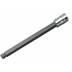This ball-end hex bit socket features a 5/32 in SAE tip size and a 3/8 in drive. The ball-end design allows angled entry up to 25 degrees for accessing fasteners in confined spaces. The replaceable insert extends tool life. Suitable for driving hex fasteners in automotive, machinery, and industrial maintenance applications.