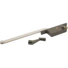 This right-hand crank window operator is designed for casement windows. It features a 4-3/4 in base length, bronze painted finish, and mounts on the window frame. The handle is included for manual operation.