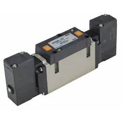 Five-way, two-position directional control valve with 24V DC single solenoid and spring return. Non-locking manual override, internal pilot operation, plug-in design. Used to direct compressed air in automated pneumatic systems for manufacturing, packaging, and material handling.
