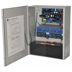 Steel-enclosed power supply board accepting 115V AC input and delivering 12VDC or 24VDC at 6A. Features 16 PTC outputs for distributed power to access control and security system components such as locks, panels, and peripherals.