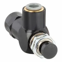 Three-way, two-position manual air control valve with spring return and normally closed operation. Brass construction with closed center and 1/4 in push-on button actuator. Used to direct or block compressed air flow in pneumatic systems.