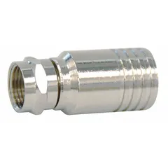 Male F-Type connector with nickel-plated silver finish. Designed for crimp-on termination of RG-59 coaxial cable. Quad-shield construction supports signal integrity in RF applications. Supplied in a 10-pack.
