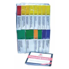 Bulk refill kit for industrial first aid cabinets, compliant with ANSI/ISEA Z308.1-2015 Type I standards. Contains 102 latex-free components including 32 adhesive bandages, 2 compression bandages, and 12 burn creams, serving up to 25 people. No oral or inhalant medications included.