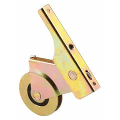 This roller assembly is designed for use in sliding screen doors, providing smooth guidance and support along the track. It features a bronze, unfinished finish and measures 6 7/16 inches in both overall height and length. Supplied as a single piece, it is suitable for replacement or new installations.